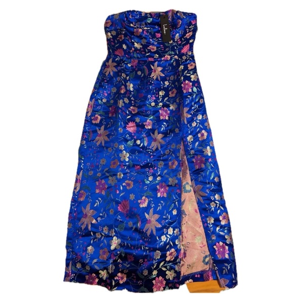 Lulu’s Make a Move Blue Floral Satin Jacquard Strapless Midi Dress - Picture 4 of 6
